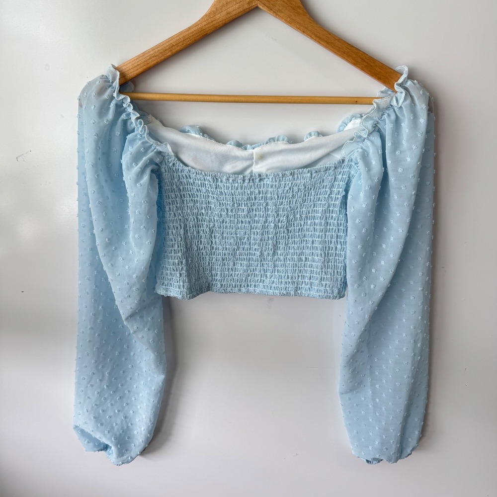 Shein Swiss Dot‎ Crop Top Ruched Sweetheart Neck Long Sleeve Blue S - Picture 6 of 7